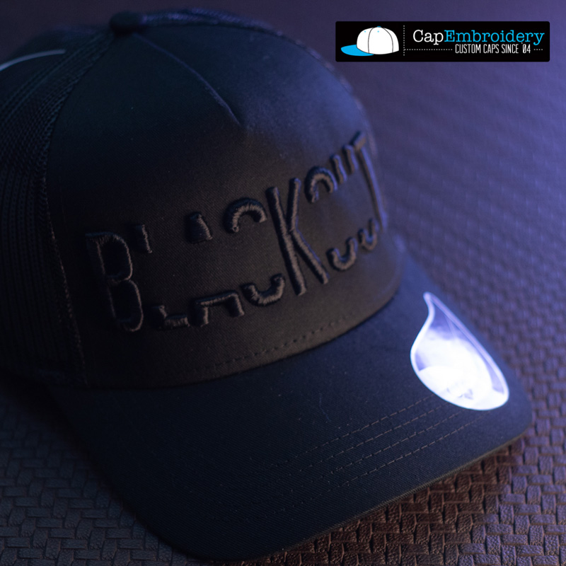 black on black trucker cap embroidery