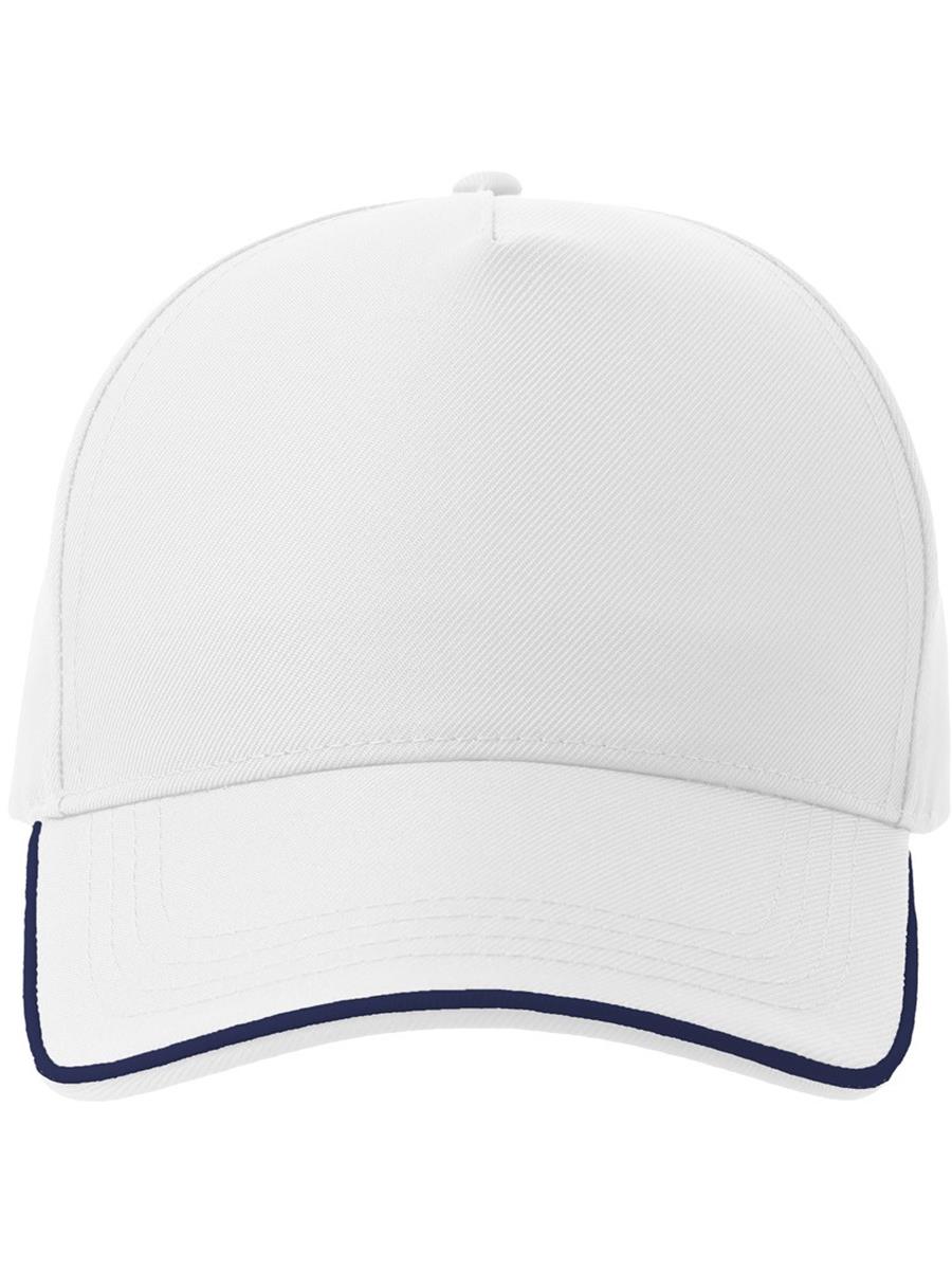 Atlantis Recy Five Piping 5 Panel Structured Mid Profile Curved Visor Recycled Cap - White/Navy product image 1 for custom embroidery Atlantis Recy Five Piping 5 Panel Structured Mid Profile Curved Visor Recycled Cap - White/Navy product image 1 for custom embroidery