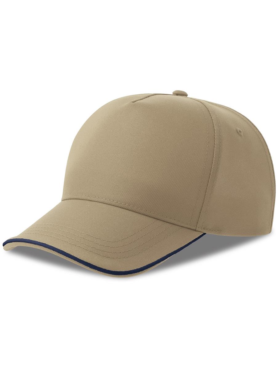 Atlantis Recy Five Piping 5 Panel Structured Mid Profile Curved Visor Recycled Cap - Khaki/Navy product image 1 for custom embroidery Atlantis Recy Five Piping 5 Panel Structured Mid Profile Curved Visor Recycled Cap - Khaki/Navy product image 1 for custom embroidery
