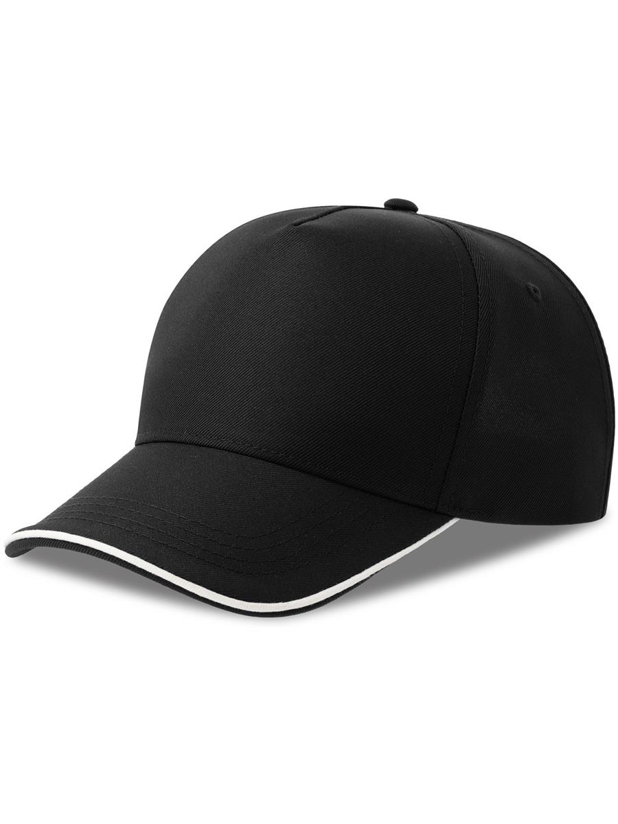 Atlantis Recy Five Piping 5 Panel Structured Mid Profile Curved Visor Recycled Cap - Black/White product image 1 for custom embroidery Atlantis Recy Five Piping 5 Panel Structured Mid Profile Curved Visor Recycled Cap - Black/White product image 1 for custom embroidery
