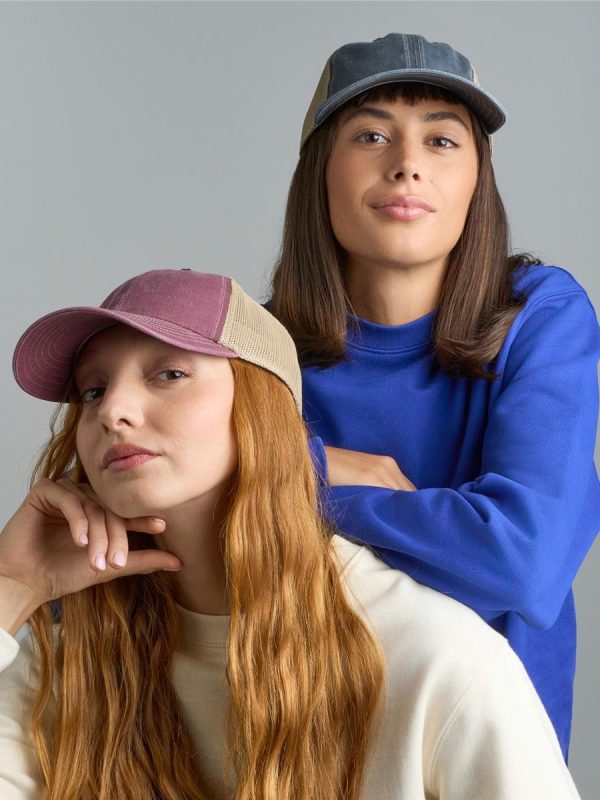 Atlantis Teon 6 Panel Unstructured Low Profile Mid Visor Pigment Dyed Recycled Trucker Cap - product image for custom embroidery