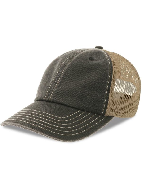 Atlantis Teon 6 Panel Unstructured Low Profile Mid Visor Pigment Dyed Recycled Trucker Cap - Black/Khaki product image 1 for custom embroidery