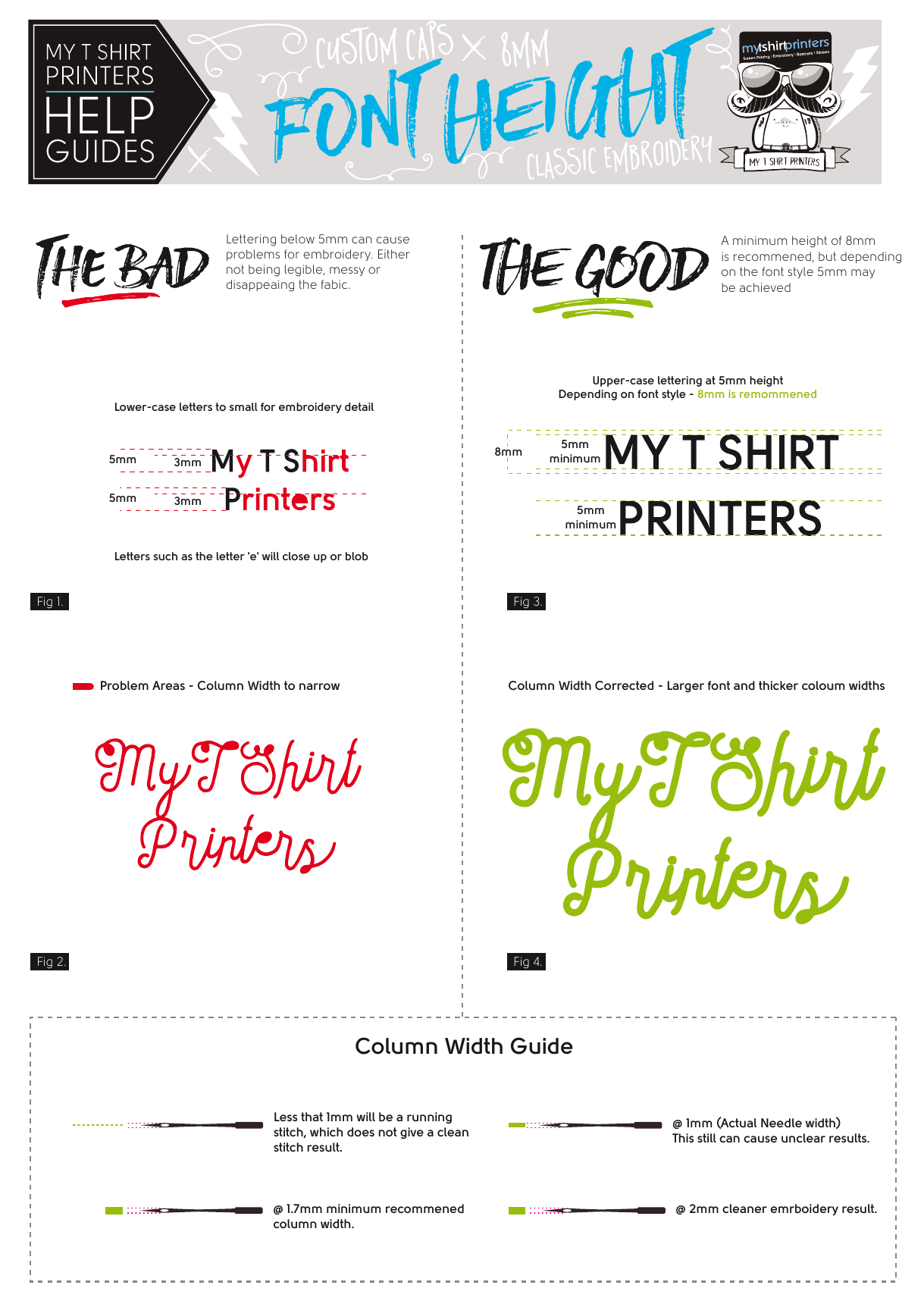 Embroidery font height and column width guide